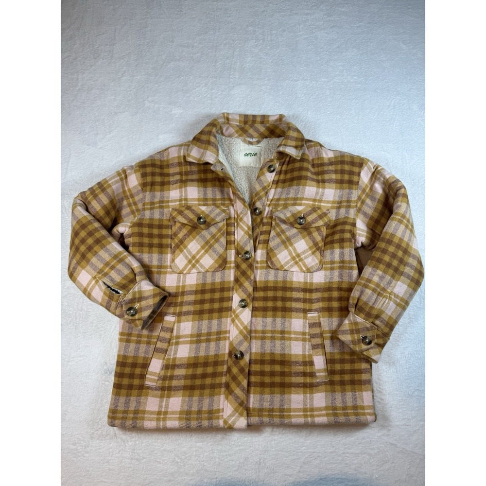 Aerie Shacket Shirt Jacket Women's Size XS Plaid‎ Flannel Sherpa Lined Yellow